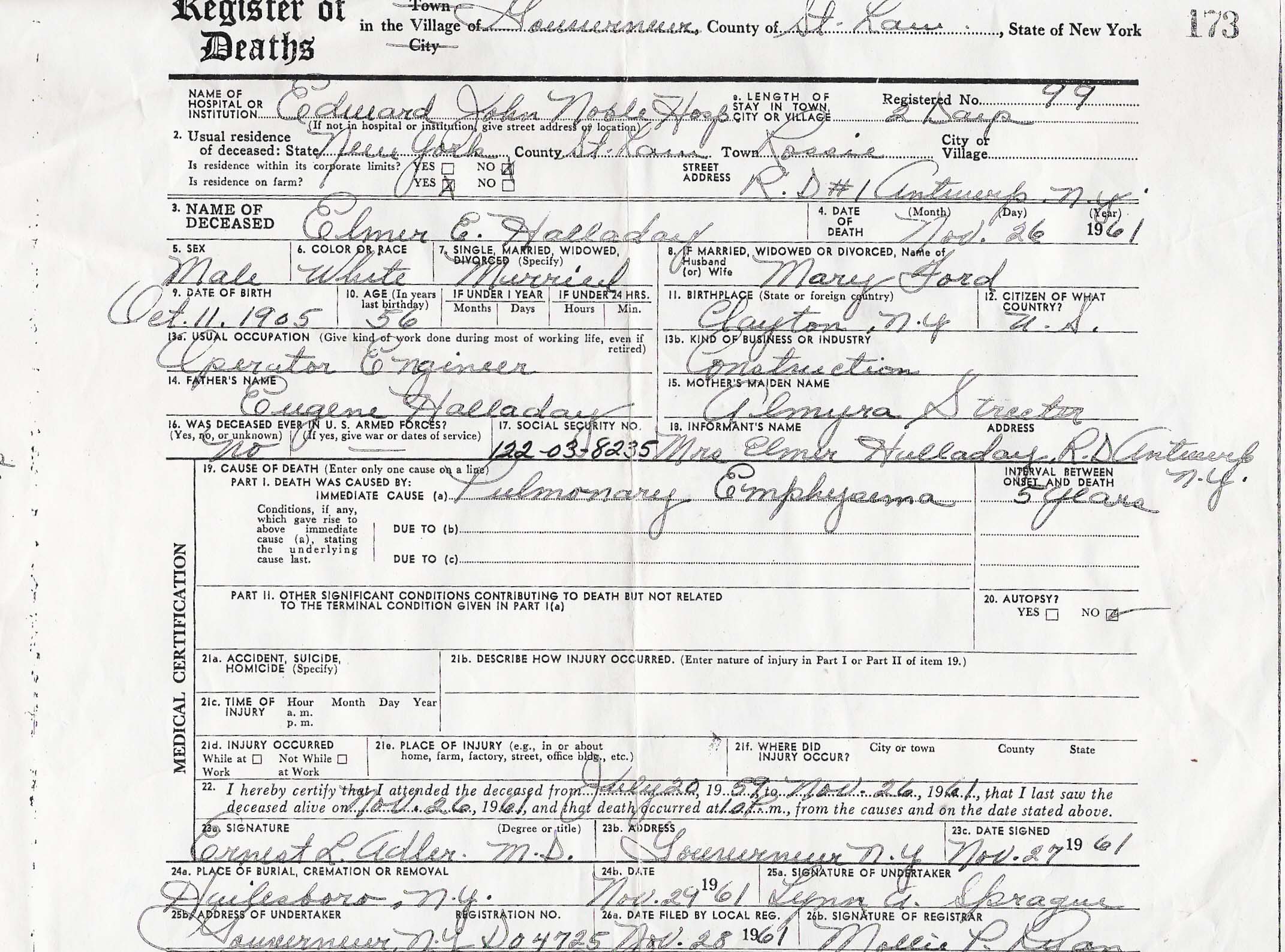 Elmer E. Halladay Death Certificate, 1961