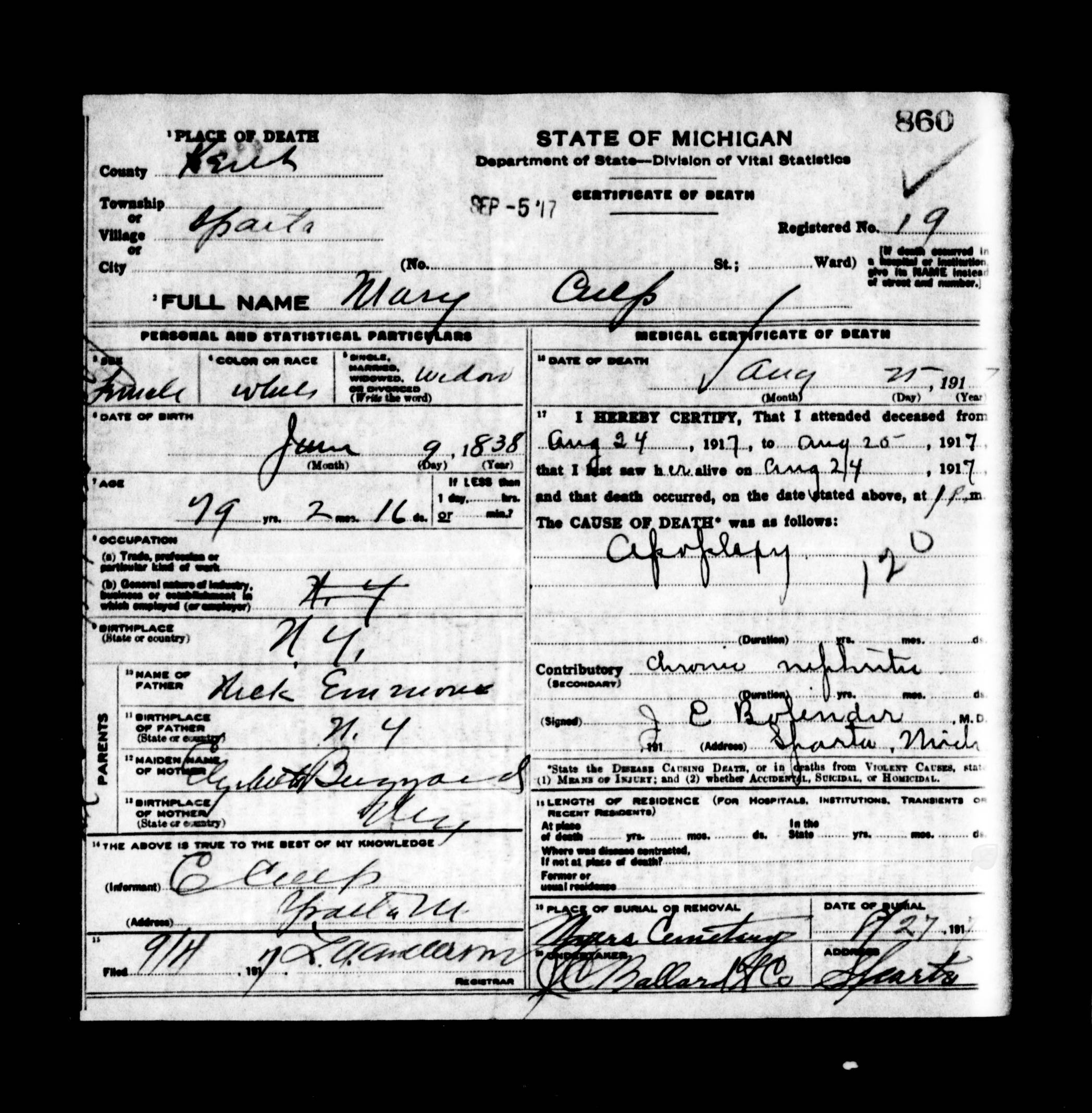 Mary Culp Death certificate